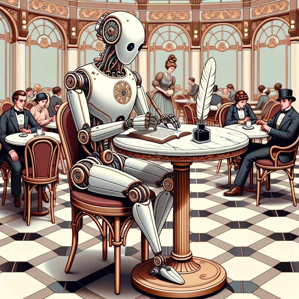 Illustration of an autonomous writing robot in a retro-futuristic cafe setting. The robot, inspired by art nouveau aesthetics, has intricate floral engravings and elongated limbs. It's seated at a marble table, drafting a manuscript using an inkwell and feathered pen, with patrons in vintage attire observing in awe.