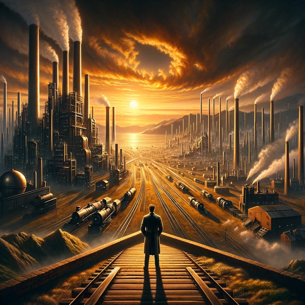 An artistic interpretation of a scene inspired by Ayn Rand's Atlas Shrugged, focusing on the themes of industrial innovation and the struggle against societal norms. Visualize a vast industrial landscape with towering factories and expansive railroads stretching into the horizon, symbolizing the pinnacle of human achievement and entrepreneurial spirit. In the foreground, a lone figure stands, embodying the novel's protagonist, facing the vast expanse with a determined gaze, representing the individual's struggle and resilience against the collectivist society that seeks to hinder innovation. The scene is set during a dramatic sunset, casting long shadows and bathing the industrial complex in a warm, golden light, highlighting the contrast between the cold, hard steel of industry and the fiery spirit of the innovator.