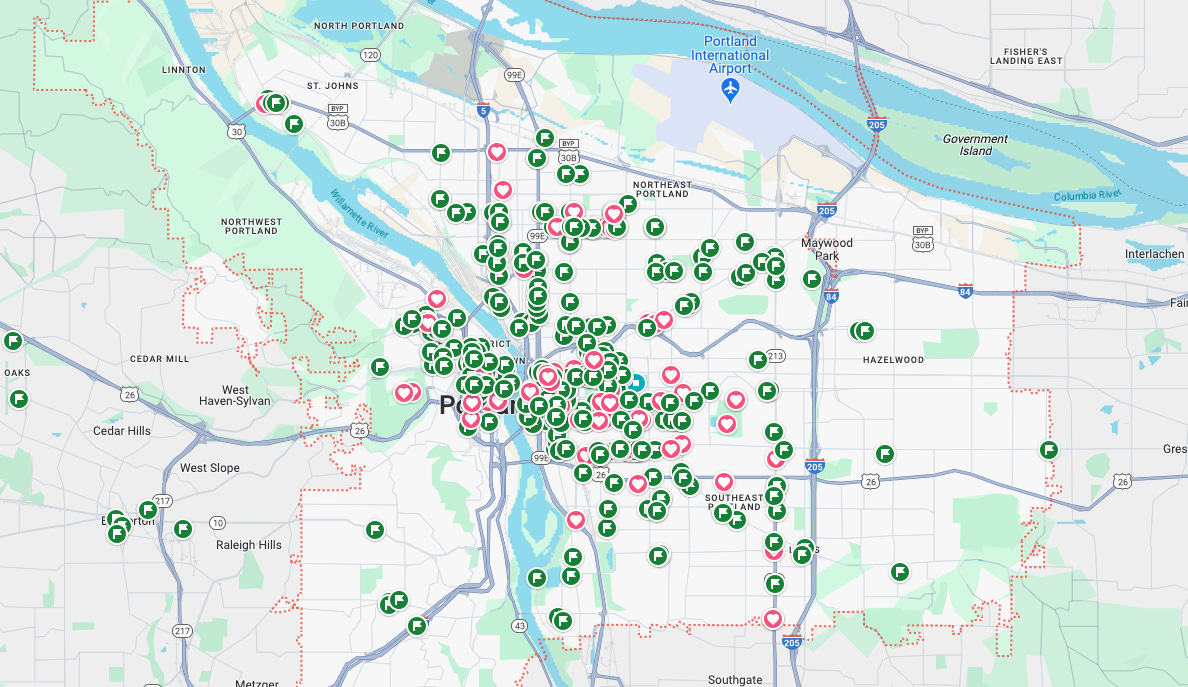 A screenshot of a map of Portland, OR with various places of interest marked