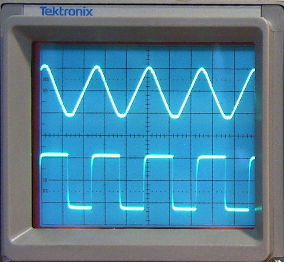 File:Triangular wave and square wave on oscilloscope screen.jpg - Wikimedia  Commons