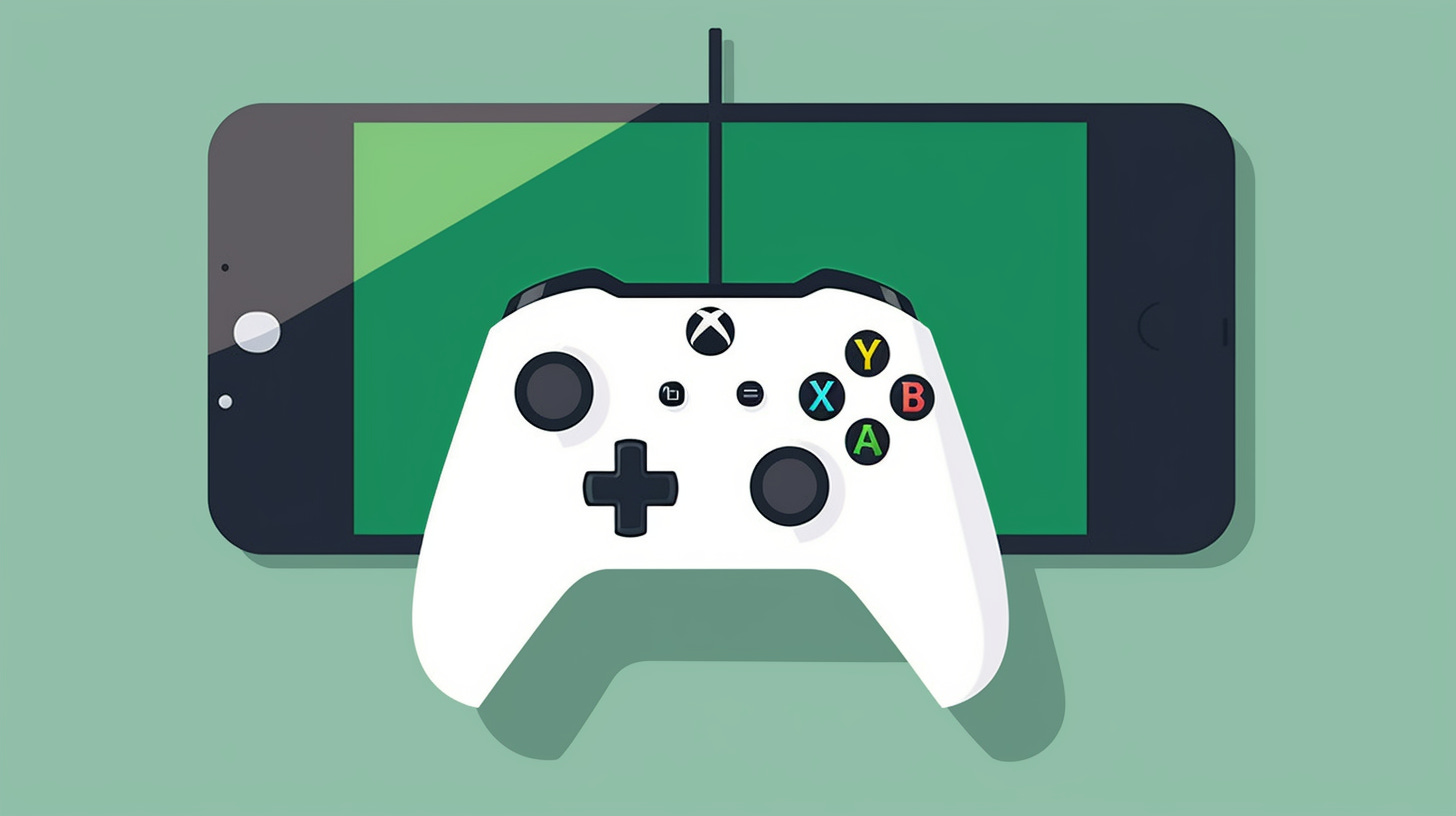 a minimalistic illustration of a xbox controller connected to a smartphone, white background, flat vector style, vibrant colors