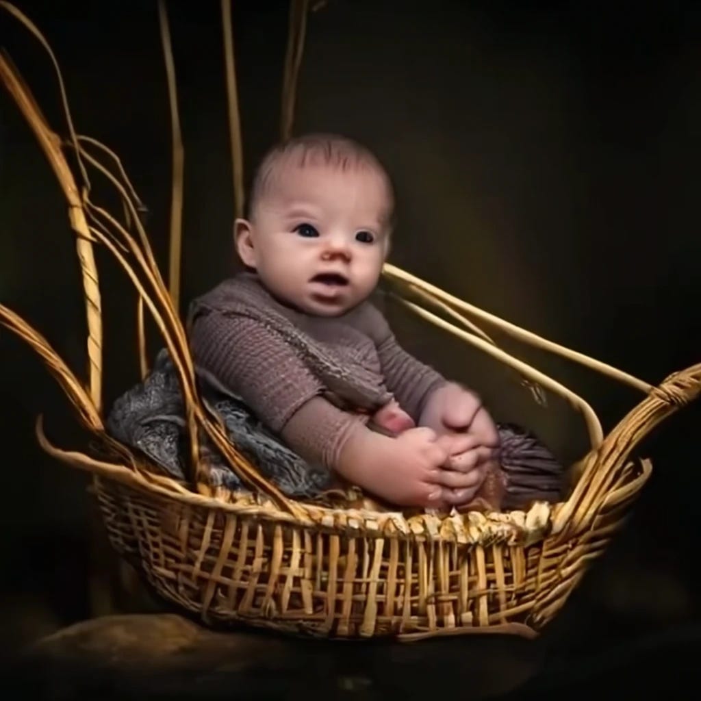 baby in a reed basket surrounded by wolves