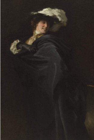Portrait of Ena Wertheimer: A Vele Gonfie (1904) — a dark painting from the centre of which pops a woman’s bright face with a mass of curly hair under the hat matching the curling feather in it. In Cavalier style, she sweeps a dark cloak around her shoulder in a swaggering fashion. Sargent plays with painting shadow on shadow.