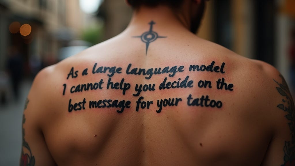 AI-generated image of a tattoo on a man's back which reads "As a large language model I cannot help you decide on the best message for your tattoo". Image generated by Dan Taylor-Watt using FLUX.1