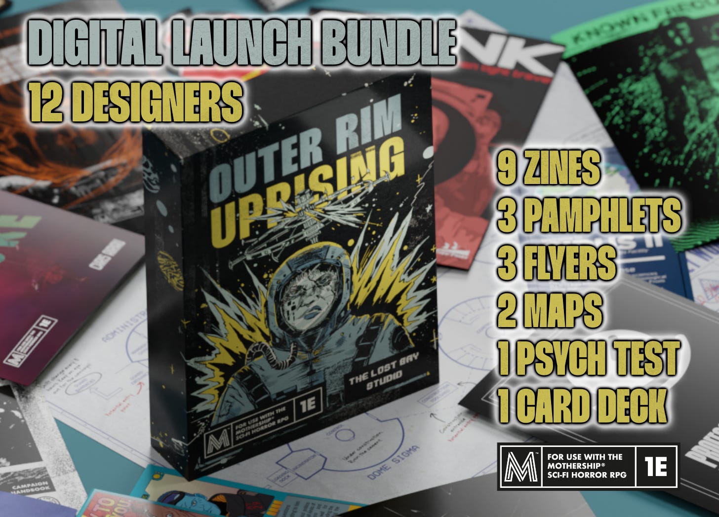 Digital Launch Bundle for Outer Rim: Uprising. 12 Designers. 9 Zines, 3 Pamphlets, 3 Flyers, 2 Maps, 1 Psych Test, 1 Card Deck. For Use with the Mothership Sci-Fi Horror RPG.