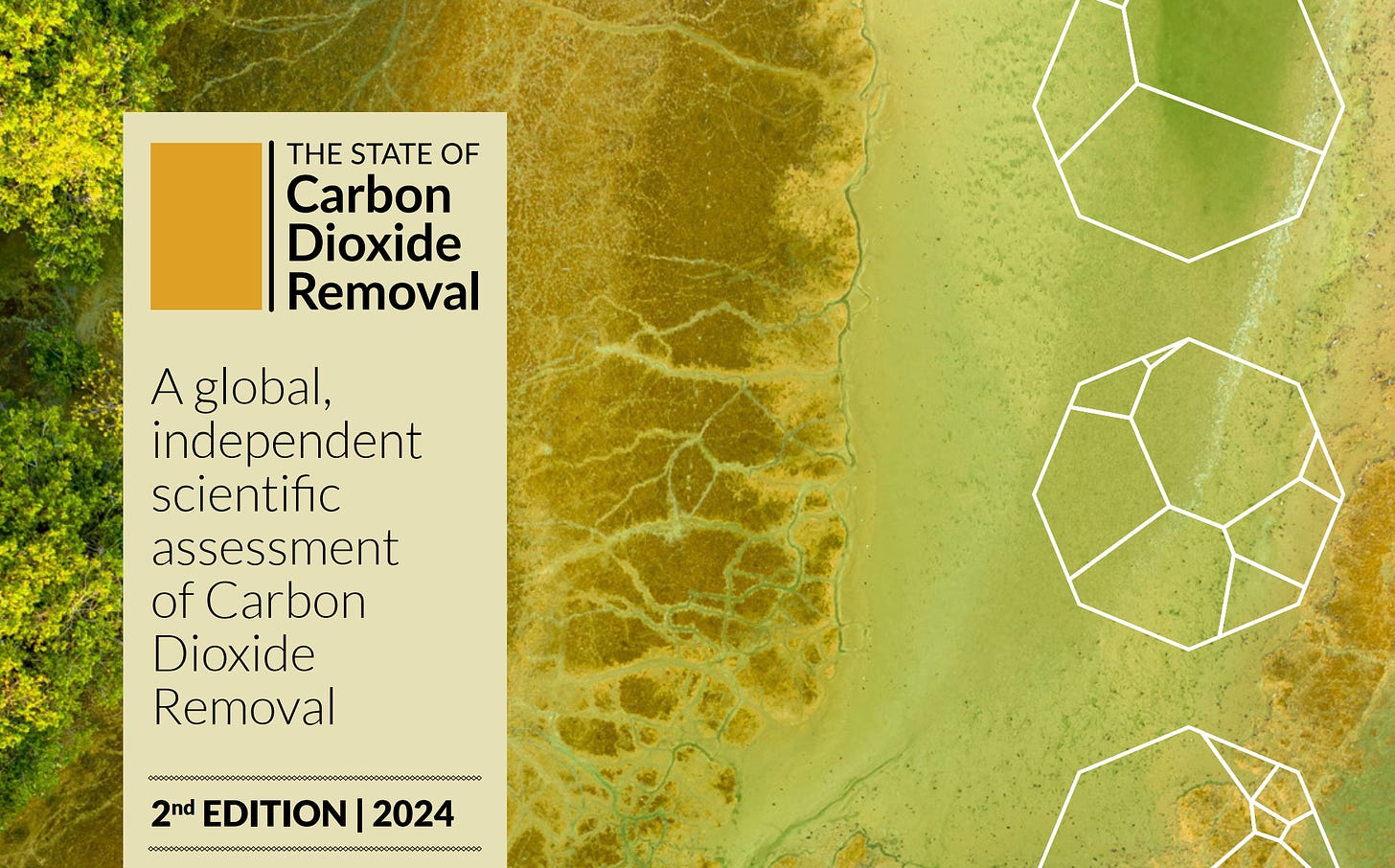 Detail from the cover of The State of Carbon Dioxide Removal report, illustrated with an aerial photo of a coastline, and a series of geometric shapes.