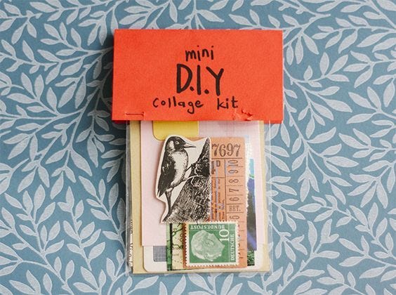 This may contain: an orange piece of paper that says mini diy college kit sitting on top of a blue and white wall