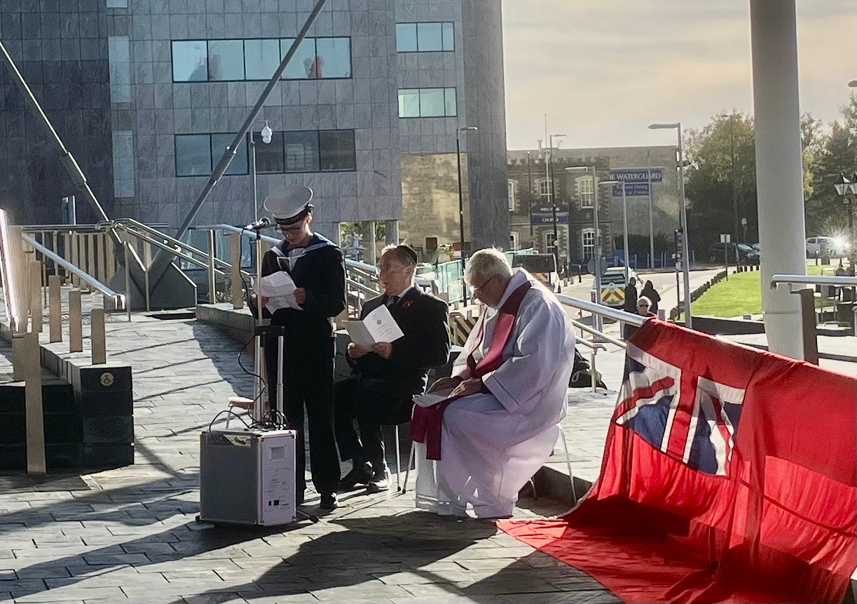 Fr. DEAN ATKINS HONORARY CHAPLAIN TO THE PORT OF CARDIFF,
MR STANLEY SOFFA, SOUTH WALES JEWISH COMMUNITY AND
CADET HANNAH FEWINGS, CARDIFF SEA CADETS