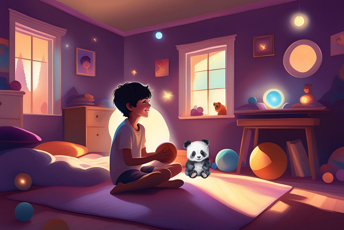 Illustration of a boy playing in a bedroom with purple walls