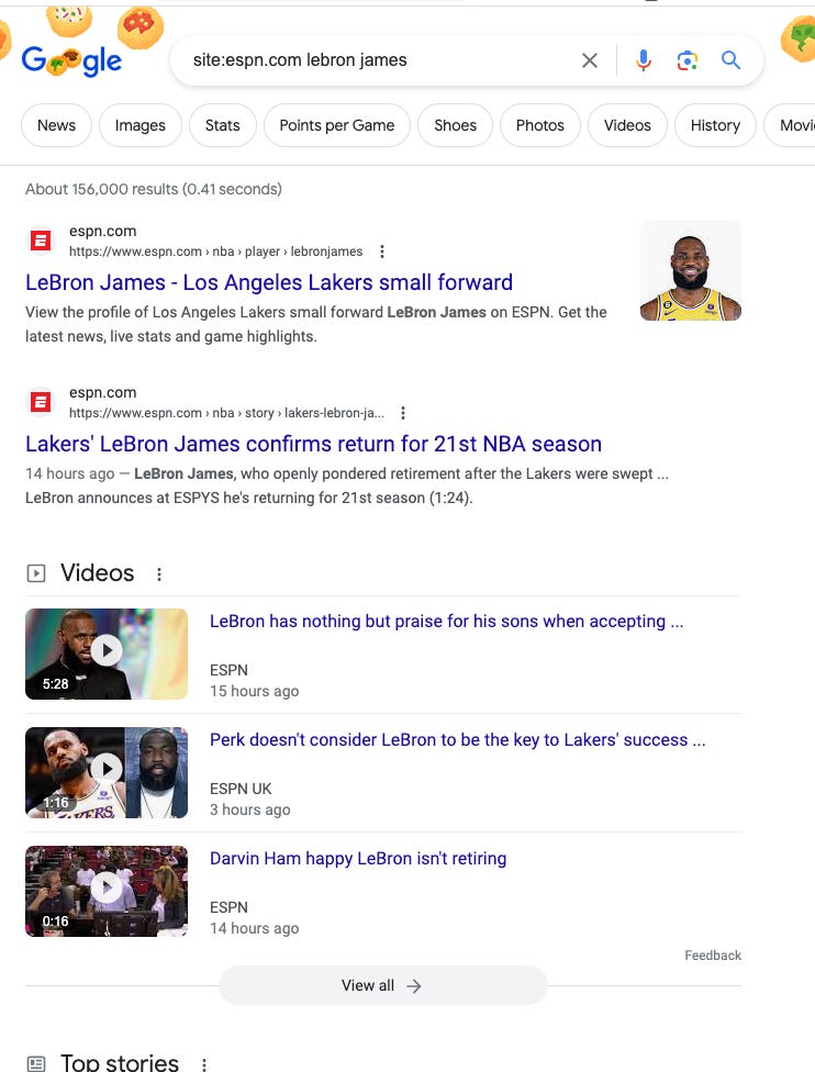 A screenshot of a Google search for LeBron James, but the results are limited to ESPN's website.