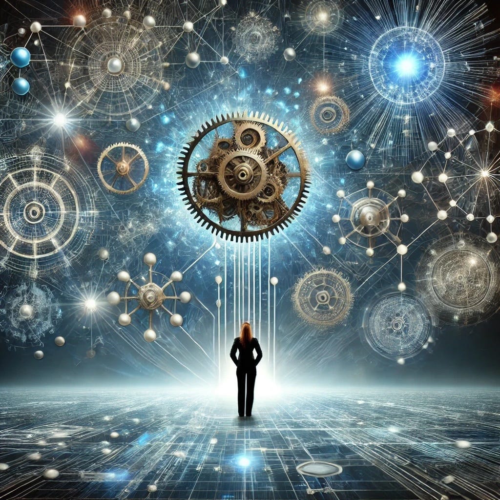 The image depicts a surreal, futuristic scene where a person stands before an expansive, intricate network of gears, celestial bodies, and interconnected glowing lines. The gears and cosmic structures are floating in space, symbolizing complex systems, innovation, and connectivity. The image depicts a surreal, futuristic scene where a person stands before an expansive, intricate network of gears, celestial bodies, and interconnected glowing lines. The gears and cosmic structures are floating in space, symbolizing complex systems, innovation, and connectivity.