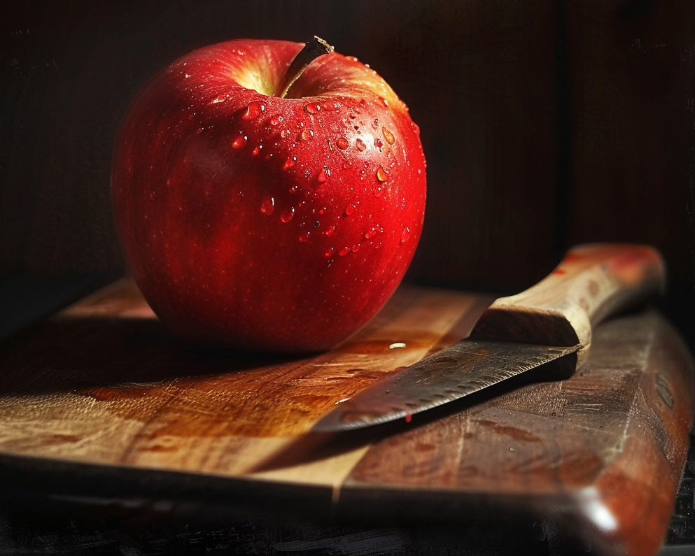 An apple and a knife on a wooden cutting board.