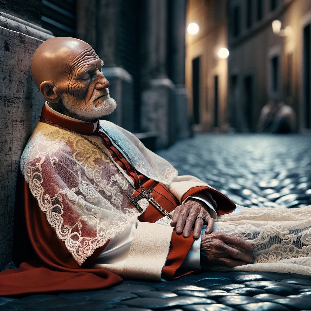 An elderly, bald, and hairless cardinal, appearing homeless and sleeping on the streets of Rome. He is wearing a beautiful clerical outfit with intricate lace details. The cardinal is portrayed in a peaceful sleeping pose, highlighting the contrast between his elegant attire and his harsh living conditions. The scene is set in a Roman street, with cobblestones and the soft glow of street lamps, creating a poignant and atmospheric image.