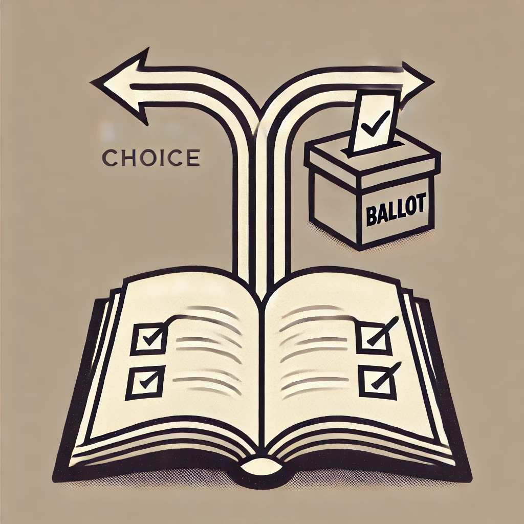 A minimalist graphic representing school choice in the upcoming election. The image features an open book with two paths branching out from it, symbolizing the choices, and a ballot box to signify the election. The design is simple, with no text, using clean lines and neutral tones to focus on the concept of choice in education and the election.