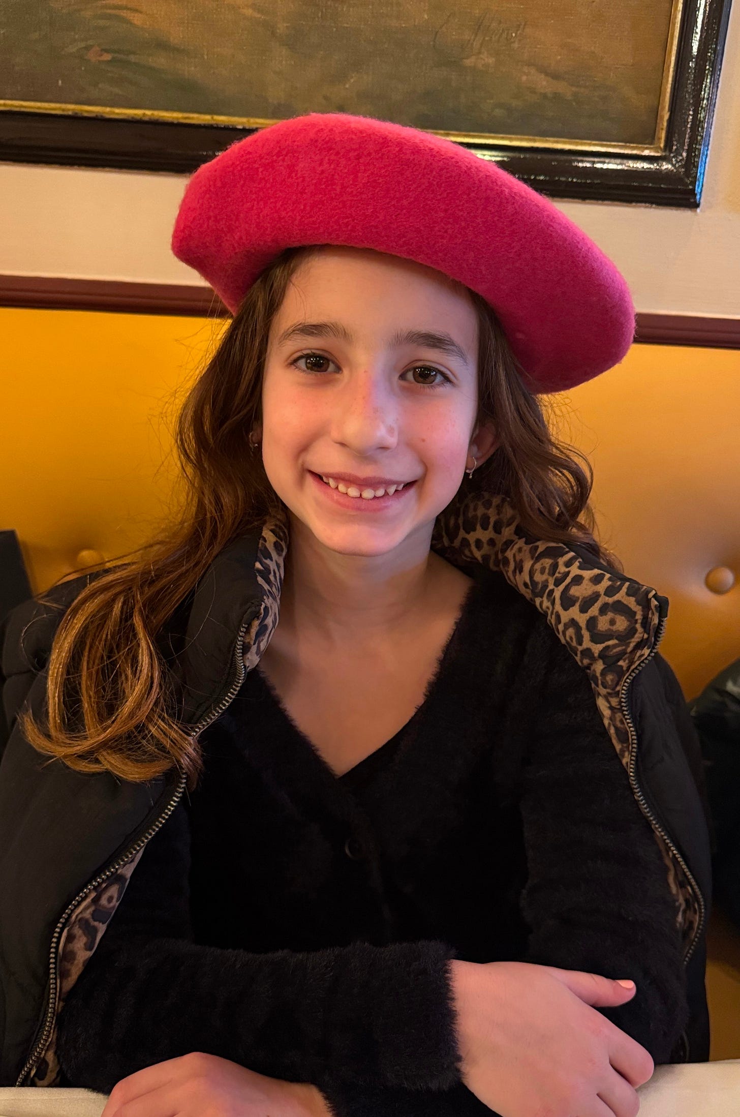 Lulu Gordon wearing pink beret in Paris