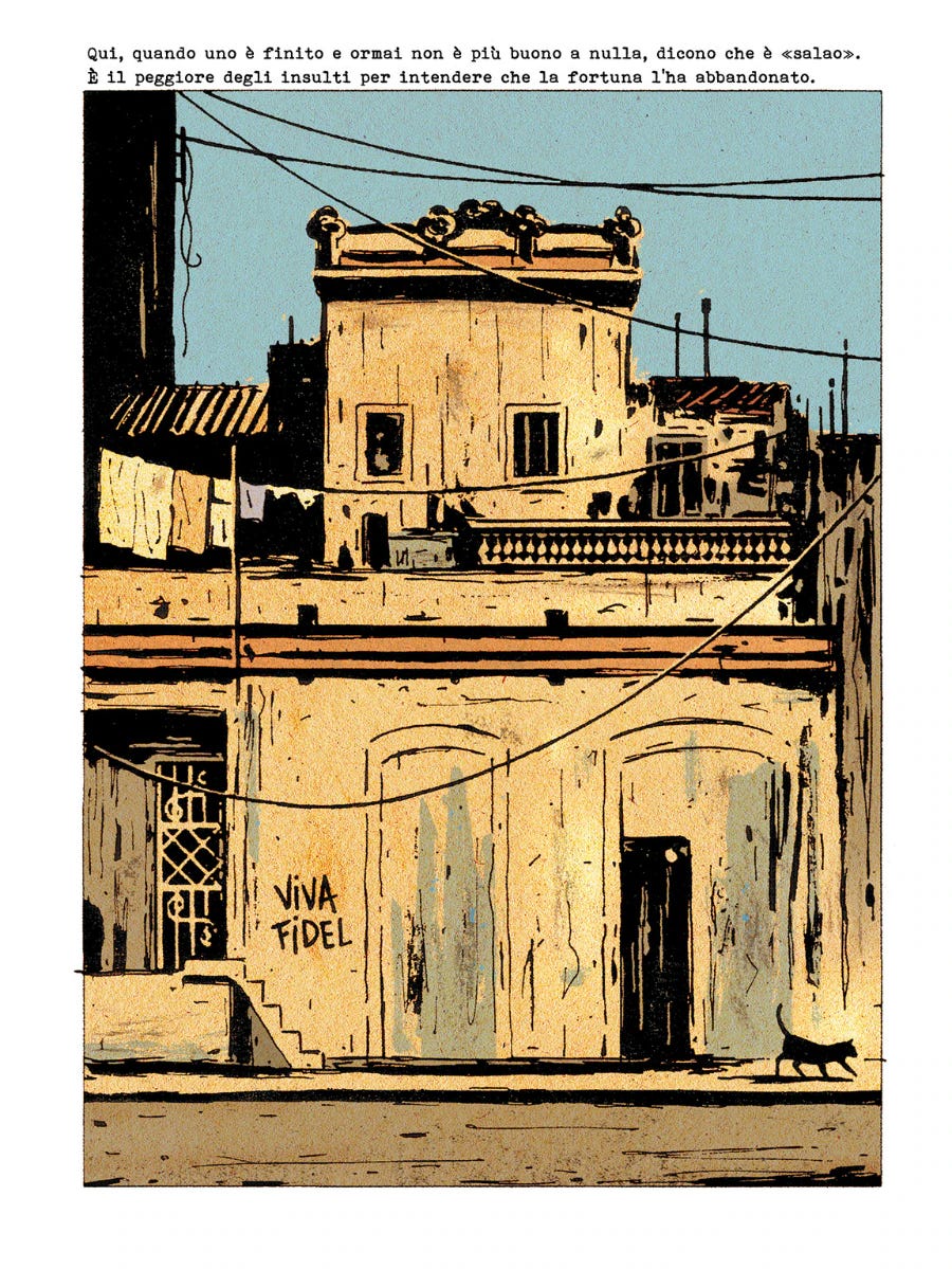 Una pagina della graphic novel di Murat. Si vede una vecchia casa di cuba con i panni stesi e il cielo azzurro.