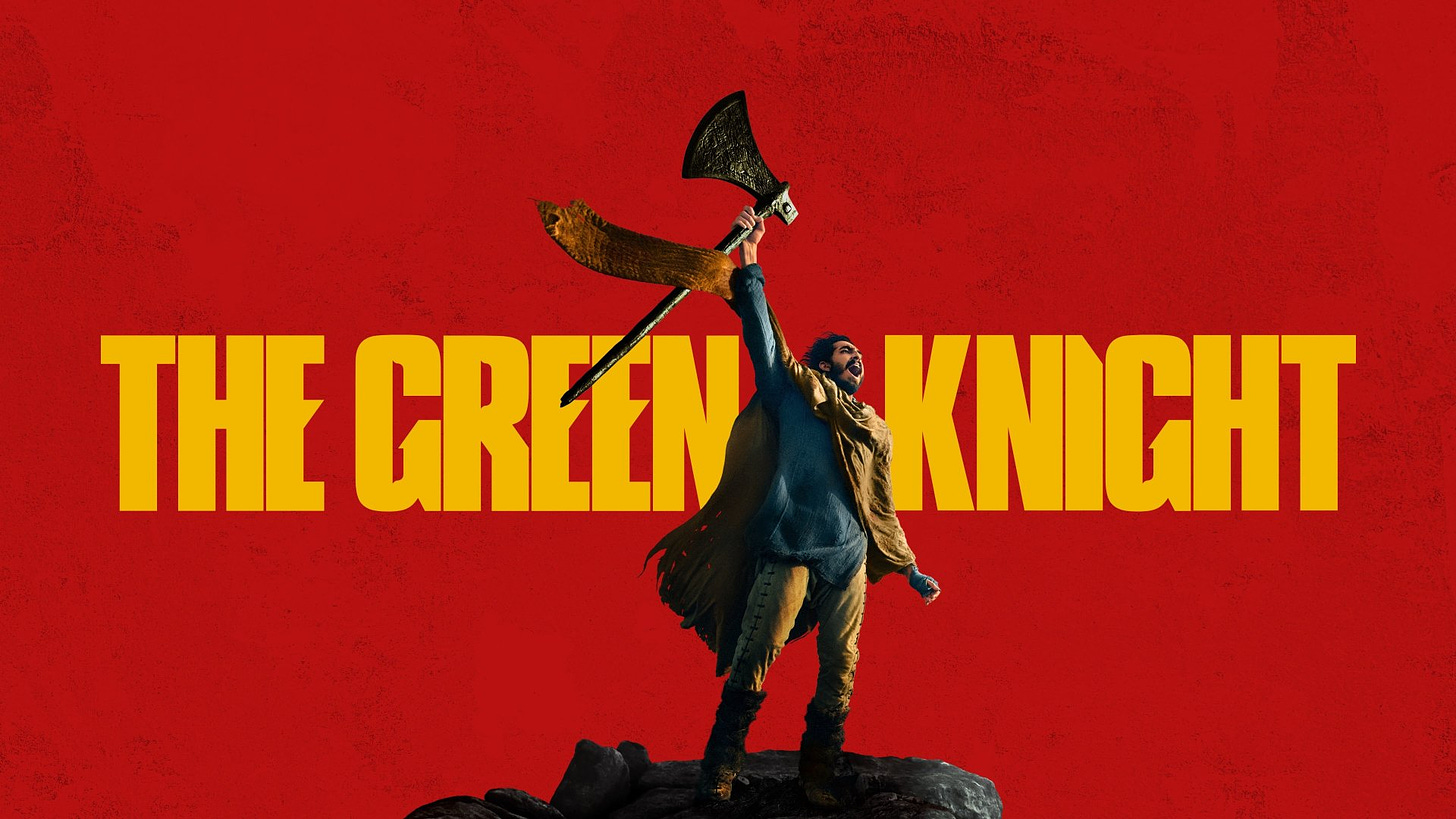 The Green Knight film poster: Dev Patel as Gawain holds up an axe against a red background