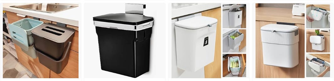 Selection of counter-mounted and hanging kitchen trash cans in modern kitchens, including compact countertop bins and cabinet-hanging options. Perfect for meal prep, food scrap disposal, and small kitchens. Shop space-saving, easy-clean kitchen trash cans on Amazon to streamline cooking and keep countertops clutter-free.