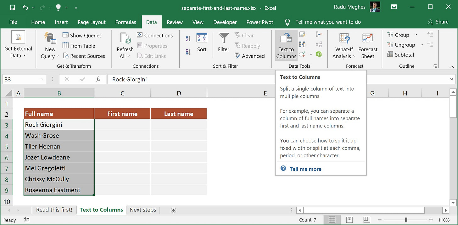 Separate First and Last name in Excel using Text to Columns