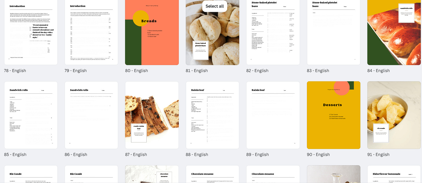 preview of pages inside the book, introduction, toc page for 'breads' and pages showing the different breads included in the recipes