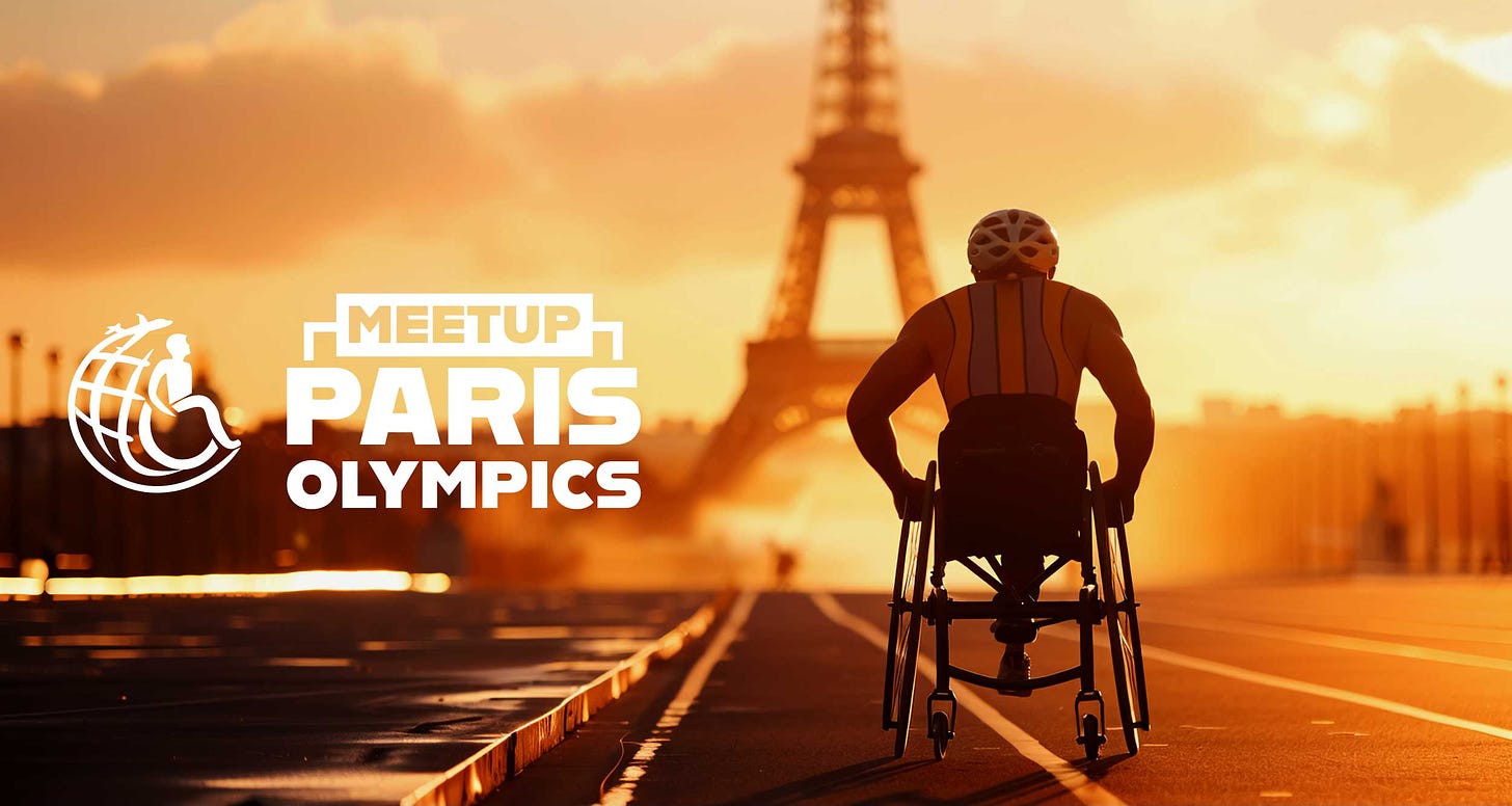 Olympic racer in wheelchair on track in front of Eiffel Tower. Text overlay reads, Meetup Paris Olympics.