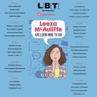 An image from Love Books Tours that has the front cover of Leeza McAuliffe Has Loads More To Say in the centre, and then has all the handles of book reviewers around the sides.