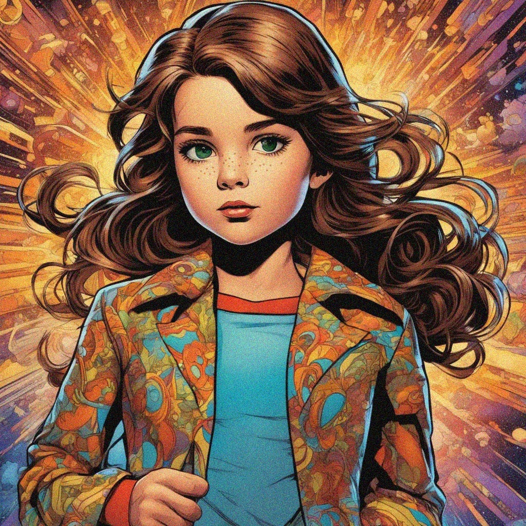 Comic-style head and shoulders portrait of an 8 year old white girl with long brown flowing hair, green eyes and freckles. She is wearing a loud, psychedelic floral jacket and one hand is clutching her lapel. She is looking off into the distance pensively.