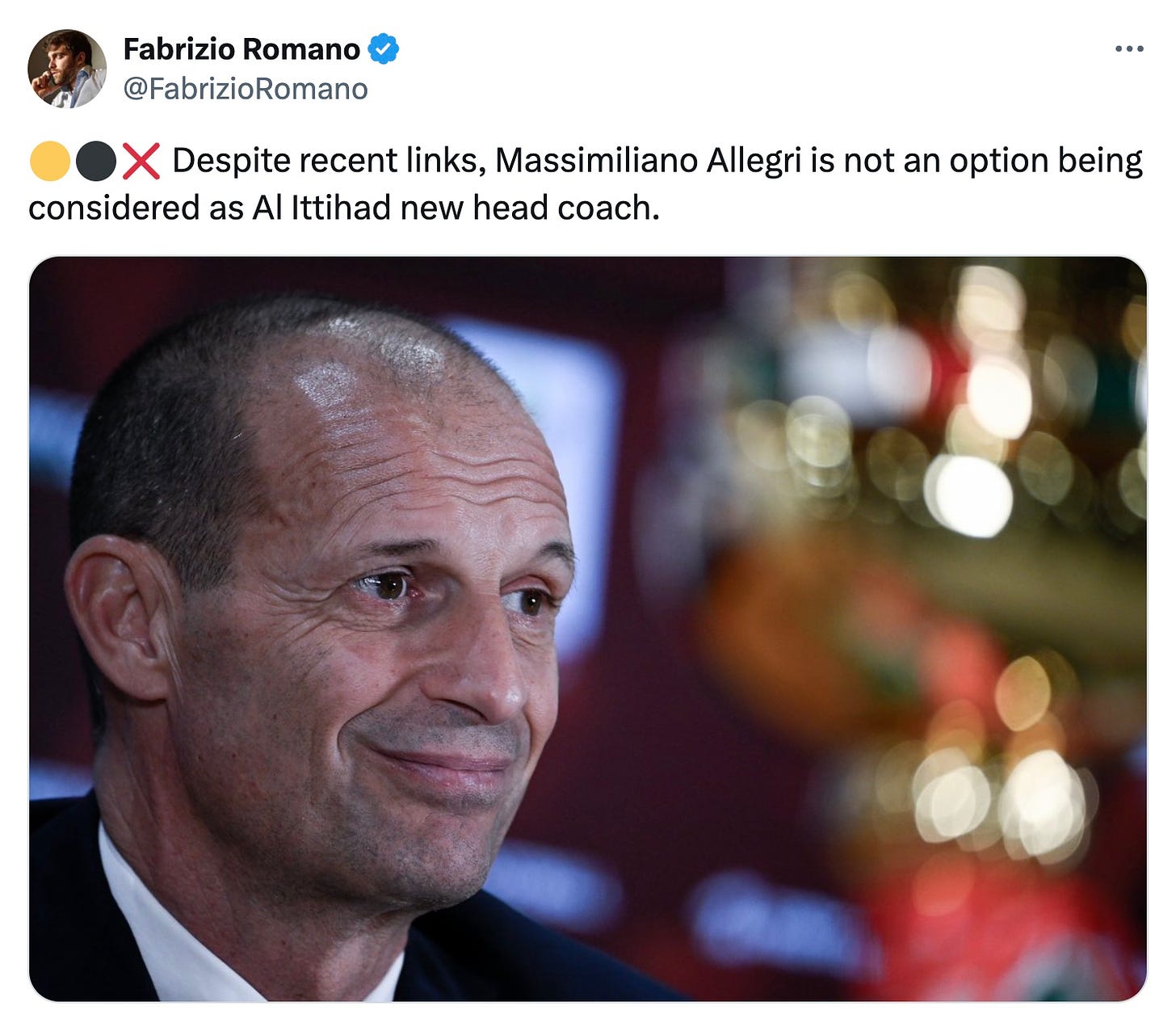 A tweet by Fabrizio Romano about Massimiliano Allegri not going to Al-Ittihad