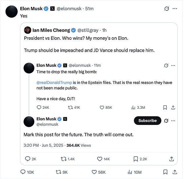 Elon Musk answered 'yes' when one X user floated impeaching President Donald Trump and replacing him with 40-year-old Vice President J.D. Vance