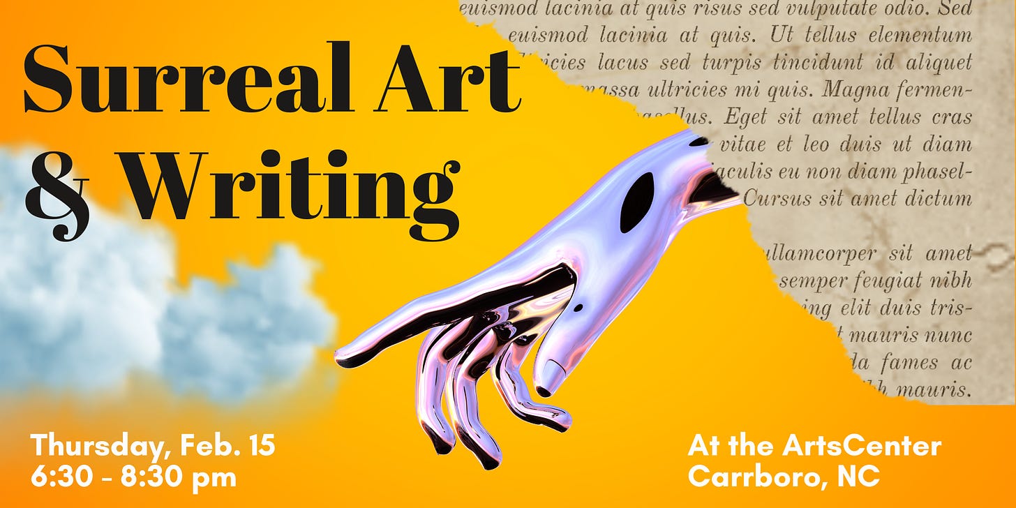 Promo image for Surreal Art & Writing with a few details about the class (listed in the text) and decorative images.