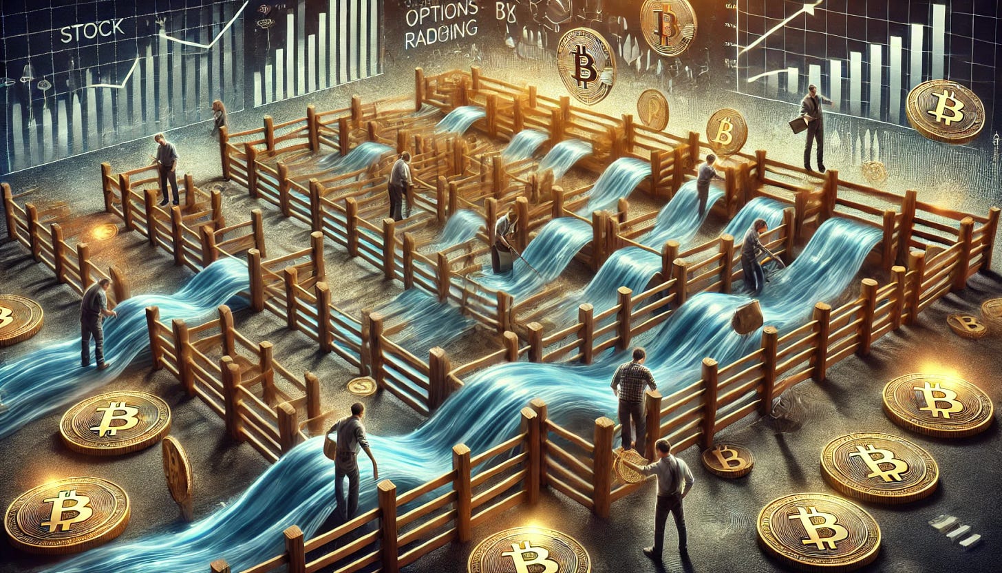 A visually striking illustration showing a system of wooden barriers resembling cattle rancher pens, but instead of cattle, streams of Bitcoins are flowing through them. Each barrier channel is adjusted to different sizes and widths, with engineers actively managing the dimensions, some making barriers taller, wider, or narrower to control the Bitcoin flow. The scene has a dynamic and futuristic look, with floating images in the background representing concepts of stock charts, options trading, volatility graphs, and finance symbols. The overall vibe is a mix of industrial ingenuity and financial technology.