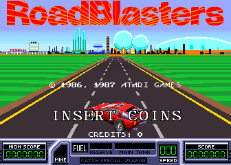 The title screen for the arcade version of Roadblasters, featuring the game's logo up top, a cityscape in the background, the game's HUD, and the car you'll be driving throughout.