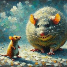 a little mouse walks by the side of a large fat rat with a malicious expression. Impressionist-style. Image 4 of 4