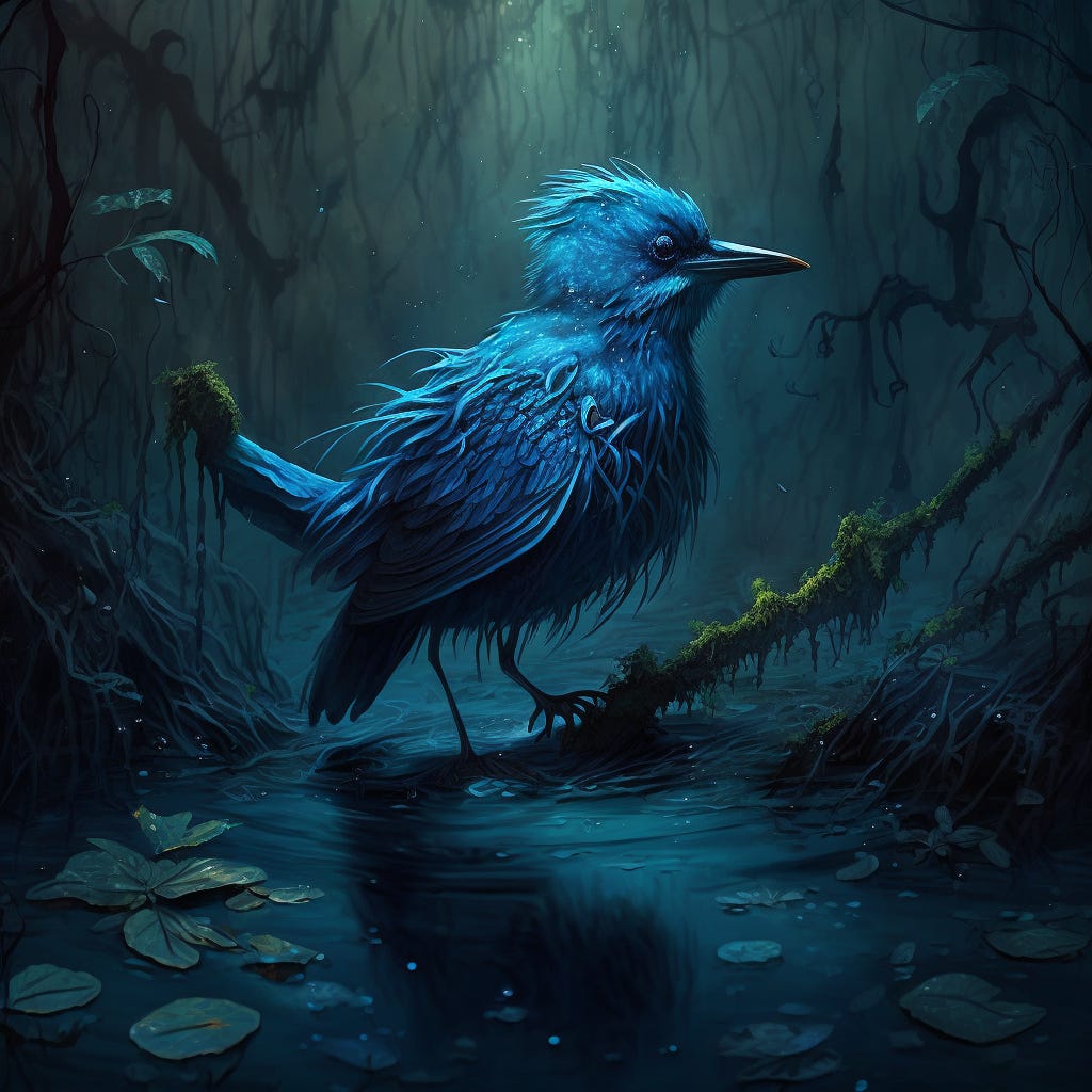 blue Twitter bird stuck in the waters of a dark swamp mythopoetic