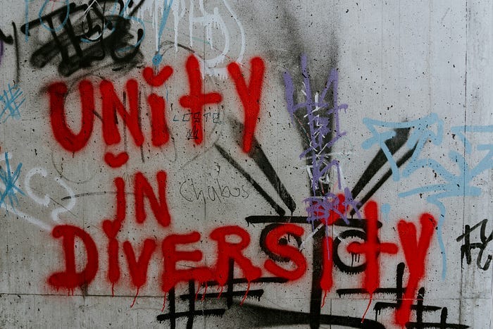 Graffitti spraypainted on a concrete wall. The largest words are written in bright red: “Unity in Diversity!” Graffitti spraypainted on a concrete wall. The largest words are written in bright red: “Unity in Diversity!”