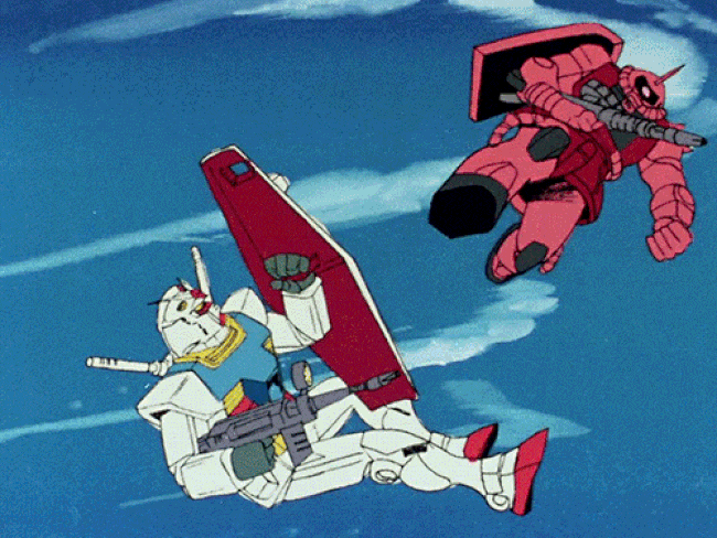 Anime fight scene from Mobile Suit Gundam, two giant robots fighting each other in the sky