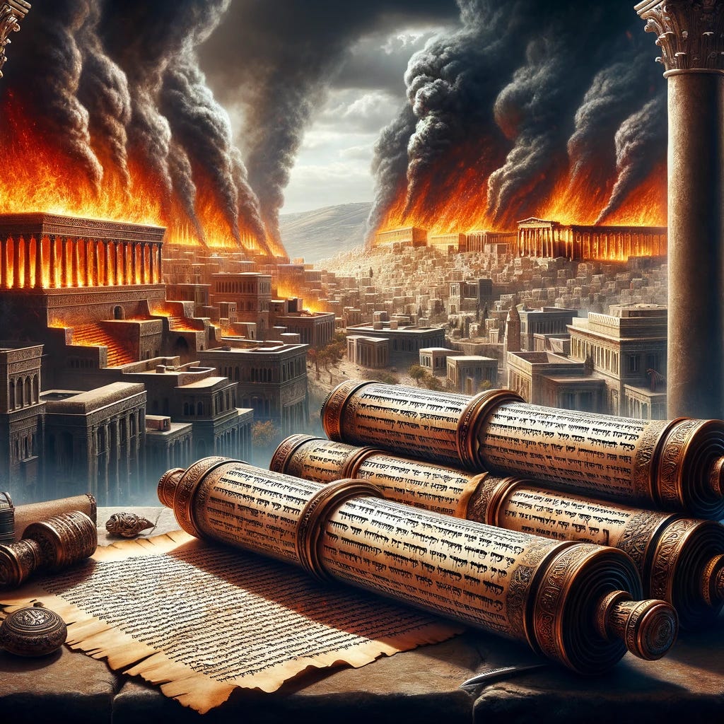 A dramatic scene depicting ancient scrolls of Hebrew and Greek Scripture in the foreground, carefully placed on a stone table. The scrolls are detailed with visible text in ancient scripts, hinting at their sacred content. In the background, an ancient city, possibly Jerusalem, is engulfed in flames with its prominent temple burning vividly. The cityscape features classical architecture with columns and terraces, and smoke billows into the sky, creating a stark contrast between the preserved scriptures and the chaos of the burning city.