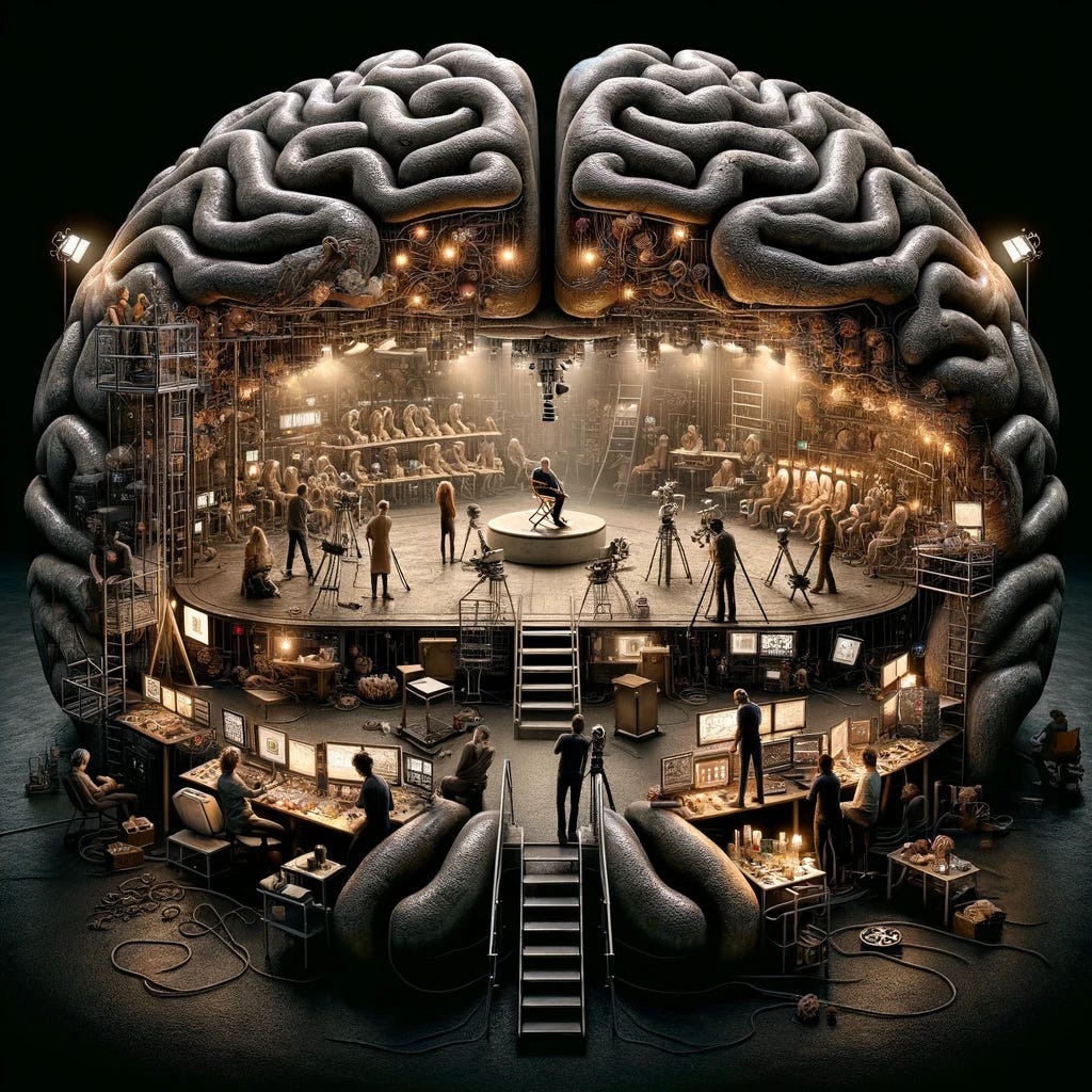 Imagine the inside of a human head, but as a film production studio dedicated to creating consciousness. This interior space is designed to look like the inside of a skull, with the walls and structures subtly resembling brain textures and neural pathways, but all stylized to mimic a film studio setting. The central area is a director's set, complete with a chair, cameras, and lights, where the 'director of consciousness' oversees the production. Scriptwriters sit at desks shaped like synapses, brainstorming and writing scripts that dictate thoughts, feelings, and dreams. Advisors, representing different senses and emotions, huddle around storyboard areas, discussing scenes and impacts on the viewer's experience. Crew members, embodying various cognitive functions, move about, setting up scenes, adjusting lighting to represent different states of mind, and preparing for the next 'take' of thoughts or memories. The entire setup is a blend of biological and cinematic elements, illustrating the process of consciousness creation as a meticulously directed film within the mind.