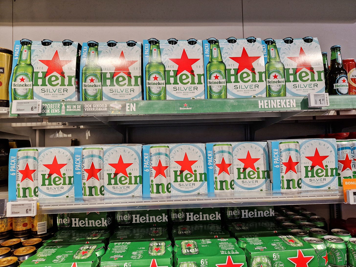 Bottles of Heineken Silver are seen on display at a supermarket in Amsterdam