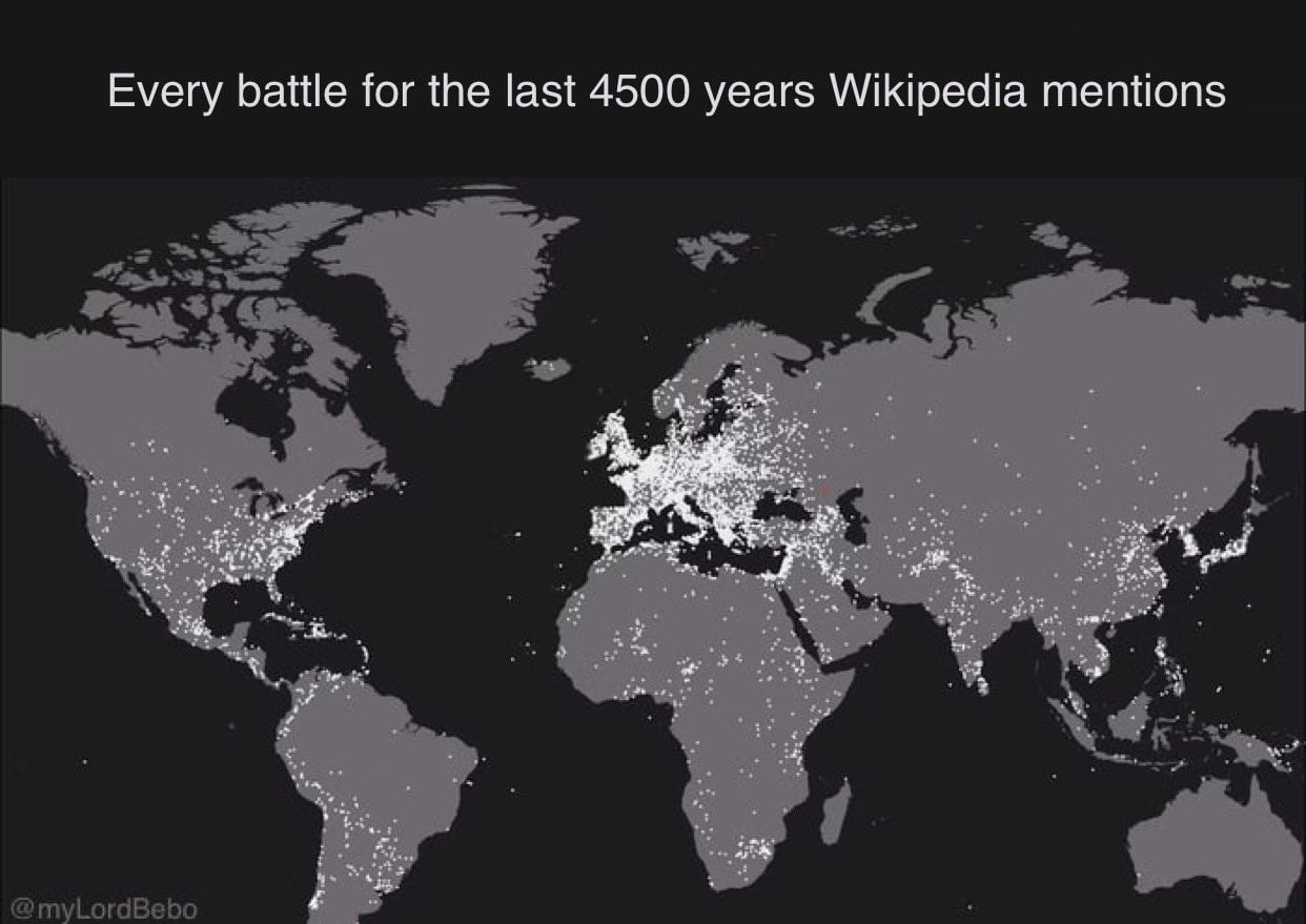 World map of every battle in last 4500 years that wikipedia mentions. :  r/MapPorn