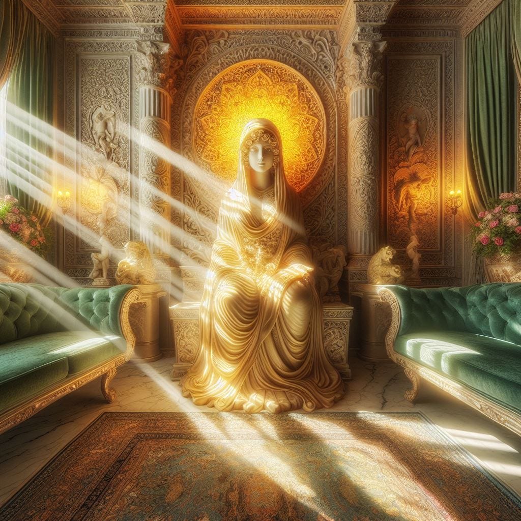 hyper realistic; tilt shift; perspective shift. lens baby. statue of middle aged woman who looks like a goddess. 2-colorglass woman, with amber cut to yellow. sun shining through woman. Persian Rugs.  Marble Tables/Flower Arrangement. light green Velvet Armchairs/silk sofa. intricate carvings/ Silk Drapes . Velvet wall paintings.luminesent. Etheral. Sun beams flooding room
