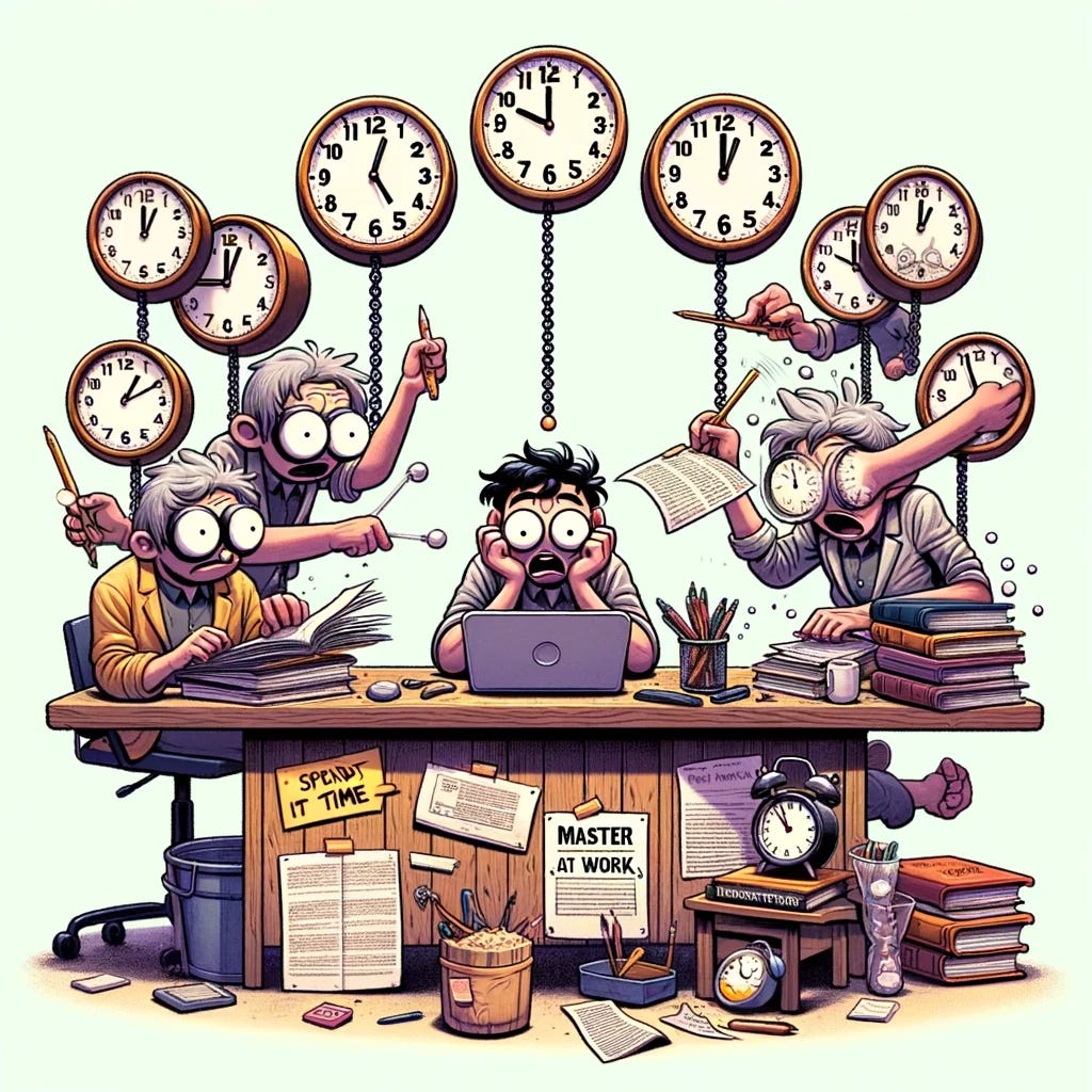 A humorous and engaging illustration representing the concept of 'spending more time to improve at something'. The image shows a person sitting at a desk, surrounded by clocks showing different times. In the first scene, the person looks confused with a simple task. In the second scene, they look slightly more knowledgeable with more tools around them. In the final scene, they appear as an expert, surrounded by books, notes, and a 'master at work' sign, humorously illustrating the progression of skill with time and the realization that it's not just about time, but how you use it.
