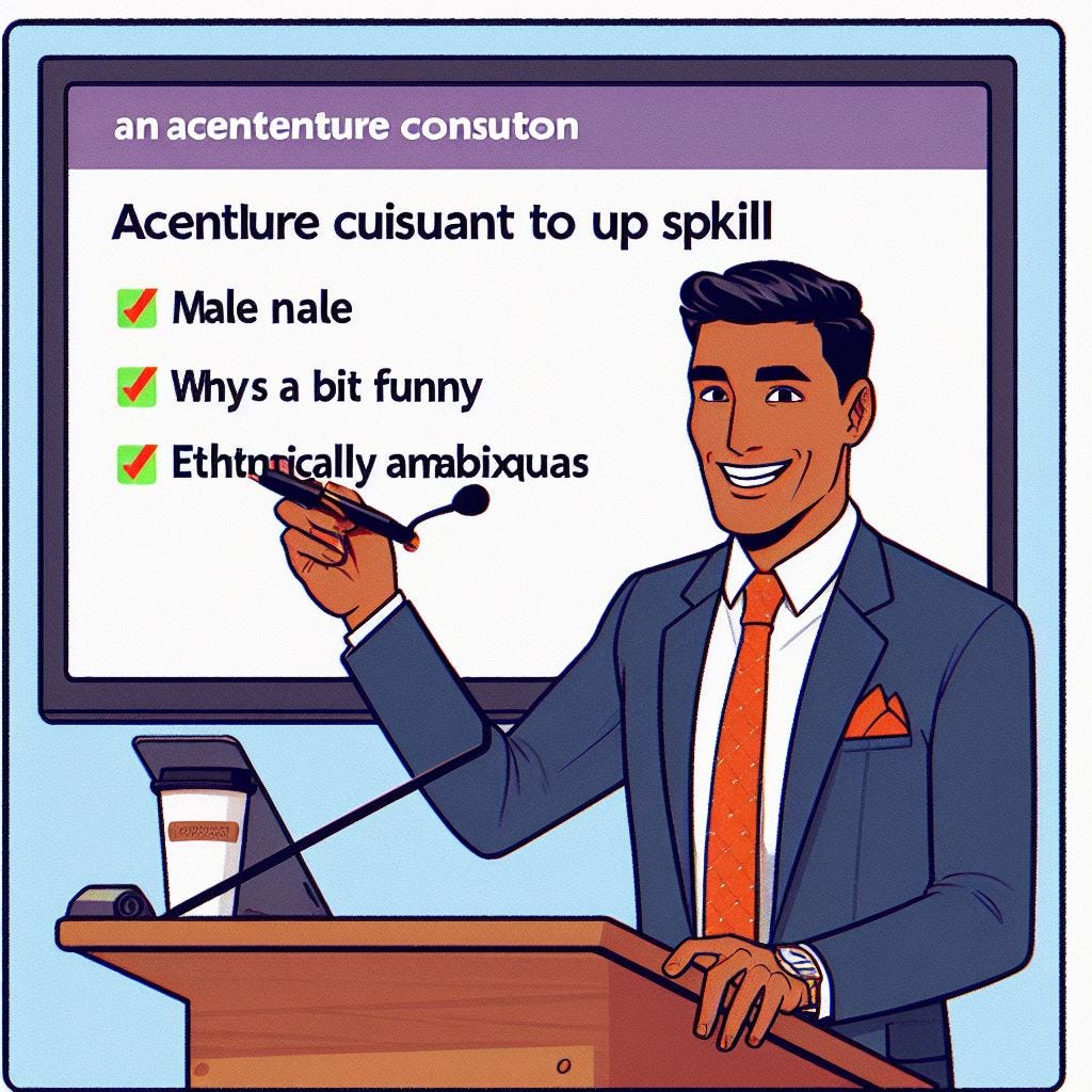 Make an image showing an accenture consultant giving a presentation on why their client needs to upskill. it should be a bit funny