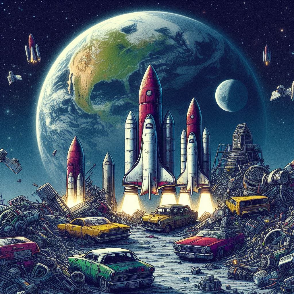 rocketship junkyard on the moon, earth in sky, 90s dystopian drawing