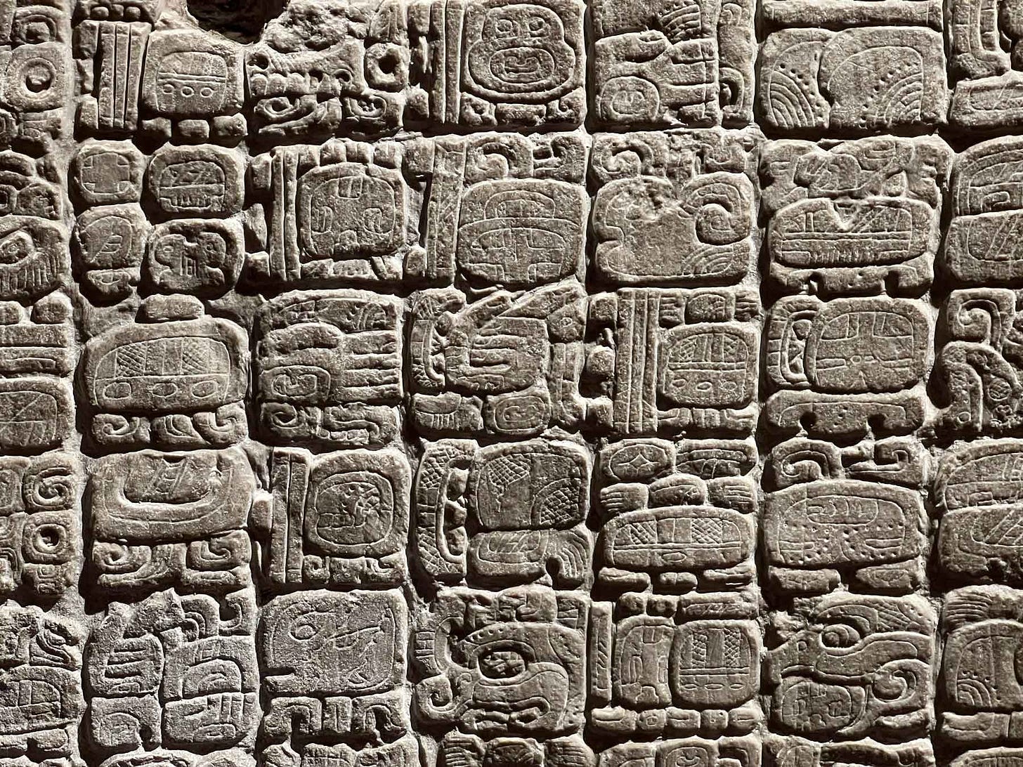 Maya glyphs, showing give rows of seven carved glyphs