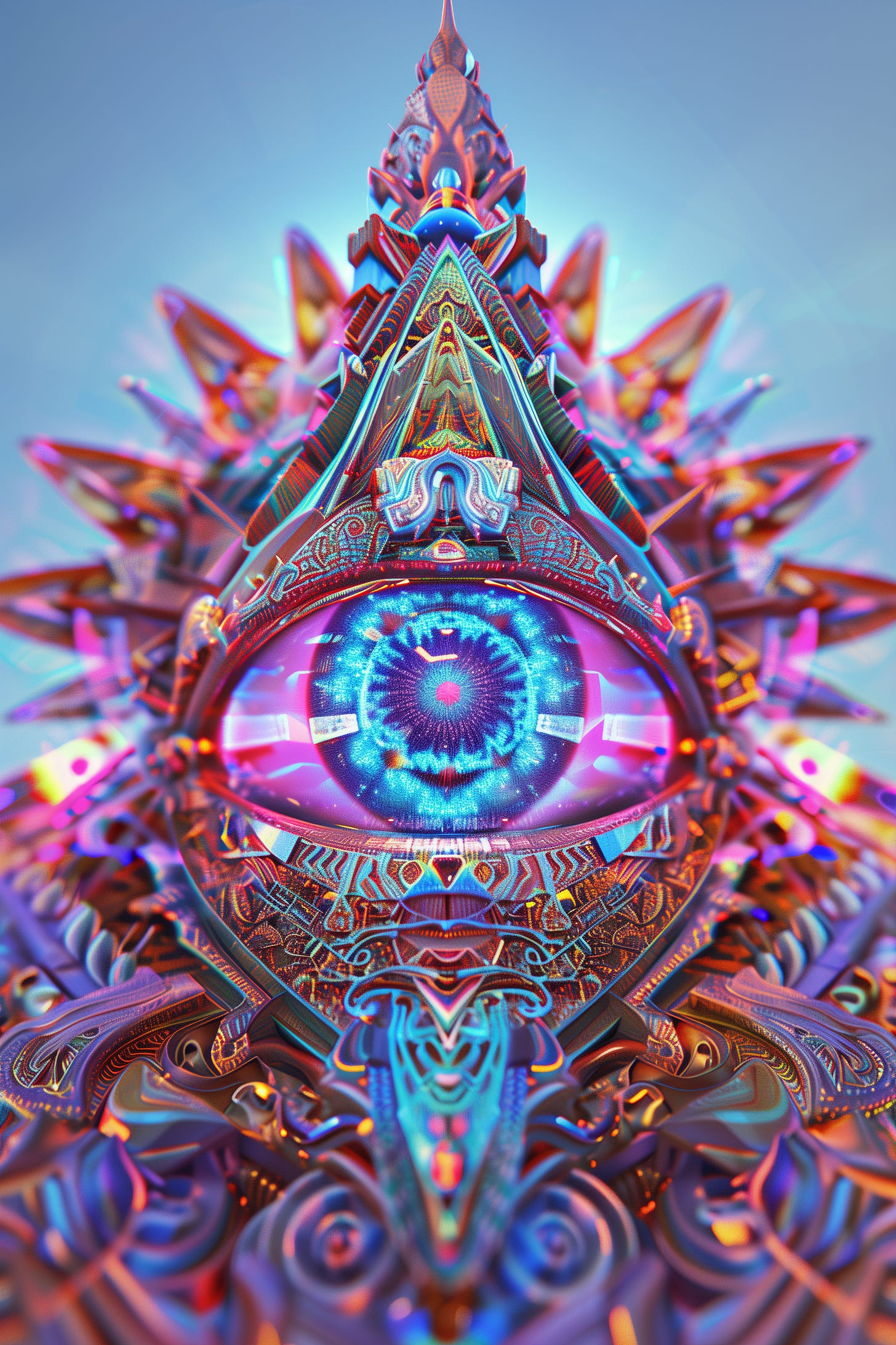 A colourful geometric psychedelic vision of an otherworldly machine with an all-seeing eye embedded within