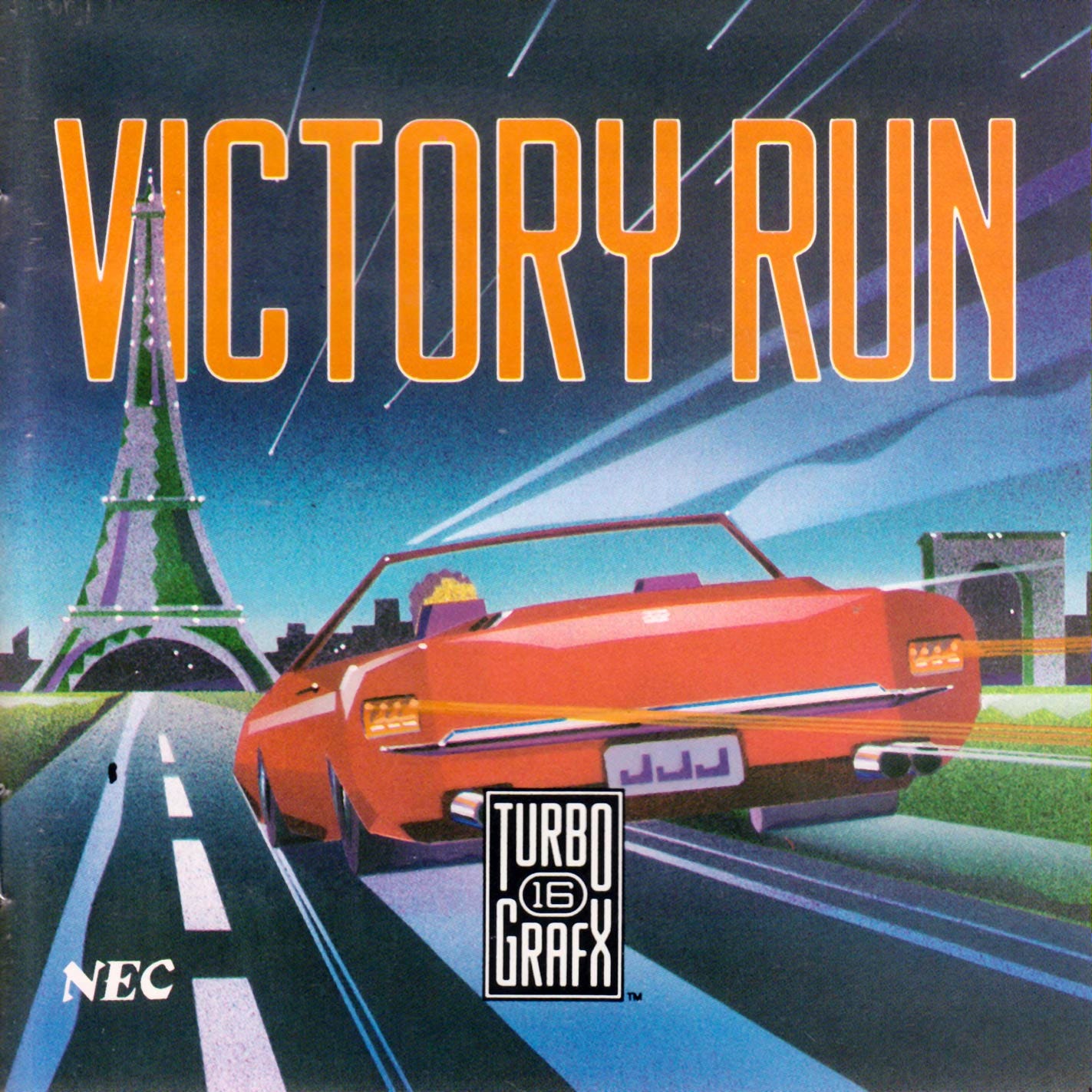 A screenshot of Victory Run's North American cover art, with the words "Victory Run" plastered across the top of the screen in all caps, above a car heading toward the Eiffel Tower.