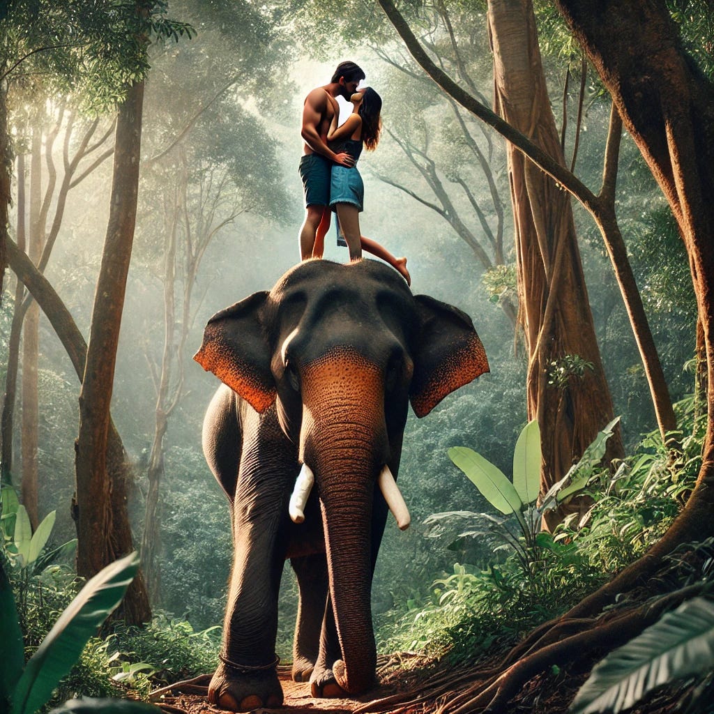 A couple kissing on top of an elephant in a lush, green jungle. The elephant is calmly standing with its trunk raised, while the couple, dressed in casual clothes, shares a romantic moment. The scene is peaceful, with the elephant surrounded by trees, and soft sunlight filtering through the leaves, creating a warm, romantic atmosphere.