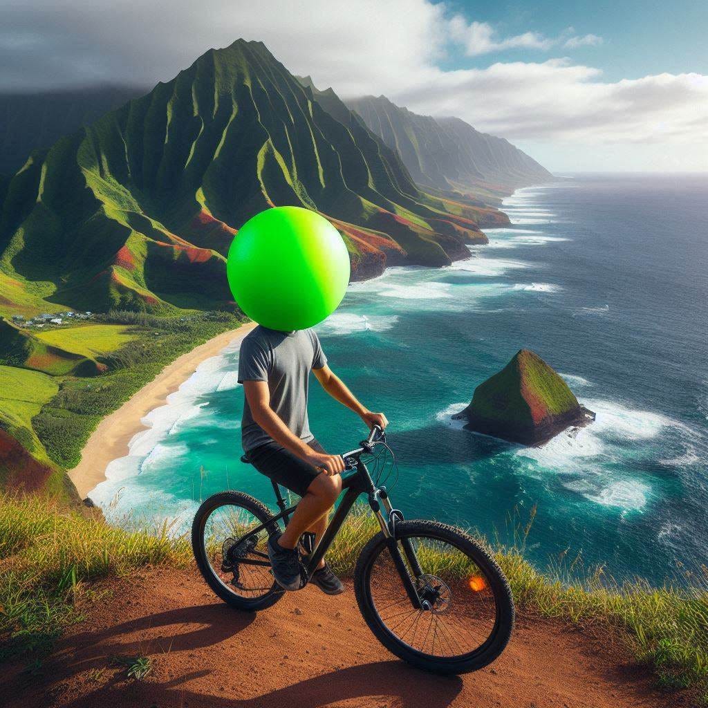 A man riding a mountainbike on a scenic cliffside trail overlooking the ocean in Hawaii. Instead of a head, the man has a tiny bright green sphere in its place. The sphere has a 10 cm diameter.