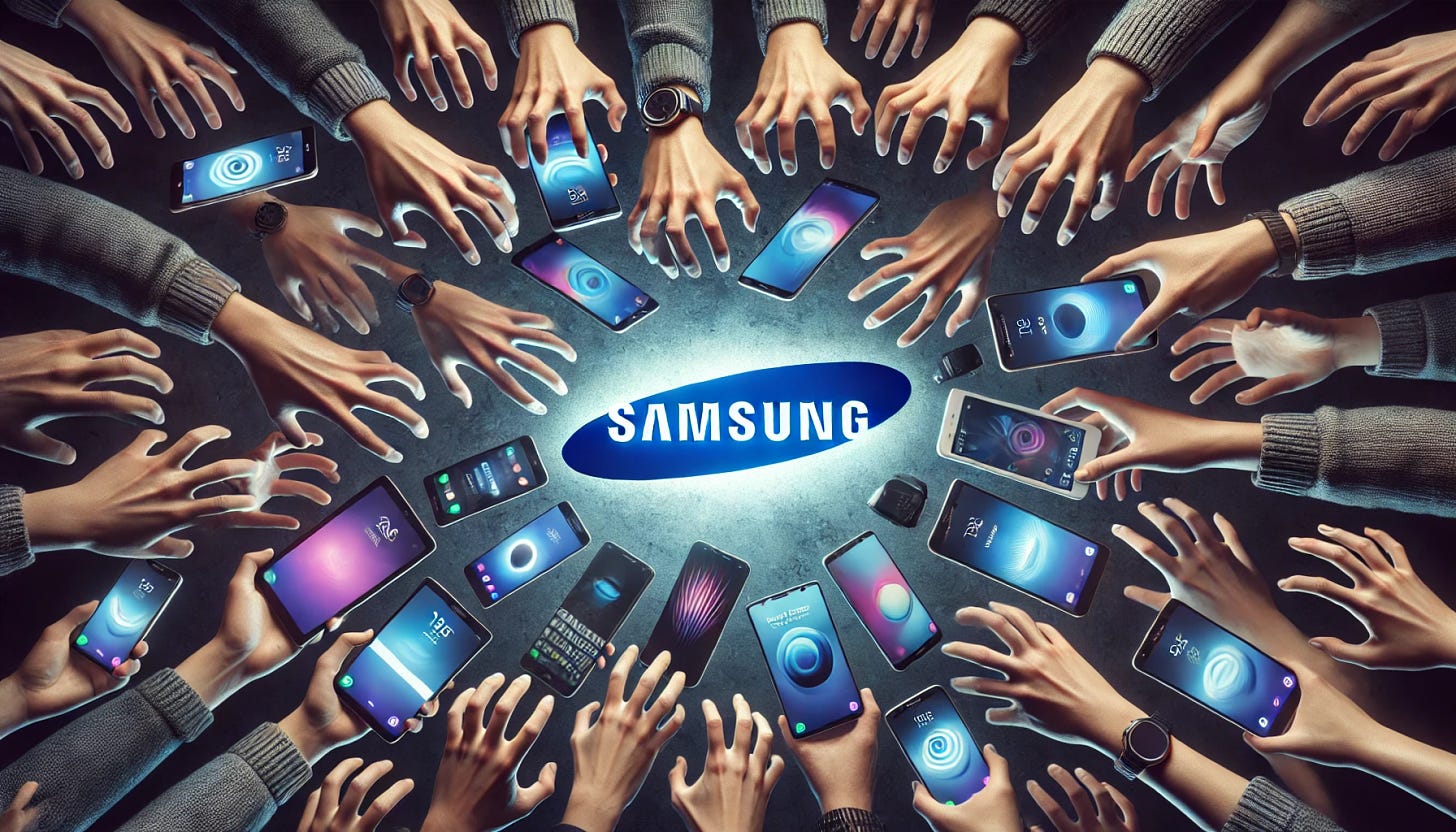 An image of the Samsung logo surrounded by multiple hands reaching out to steal its technologies. The hands come from all directions, each grabbing different Samsung devices like smartphones, tablets, smartwatches, and other gadgets. The background is dark, creating a sense of secrecy and theft, while the hands are varied in skin tones and sizes, adding a feeling of chaos. The devices being taken glow faintly, symbolizing the value of the technologies being stolen. The Samsung logo in the center appears under attack but still stands out prominently.